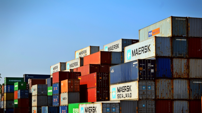 Shipping containers from global logistics companies, representing the global trade focus of the business administration degree in International Business.