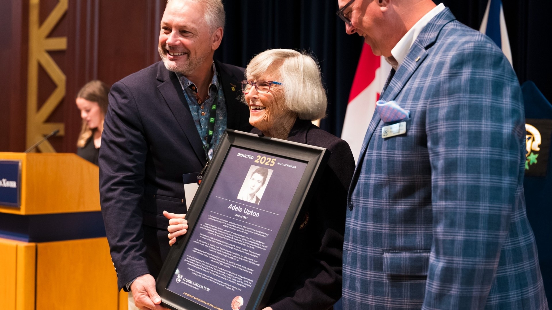 Adele Upton '53, StFX Hall of Honour 2025 Inductee with President Andy Hakin and Alumni Association President Mike Gillis '87