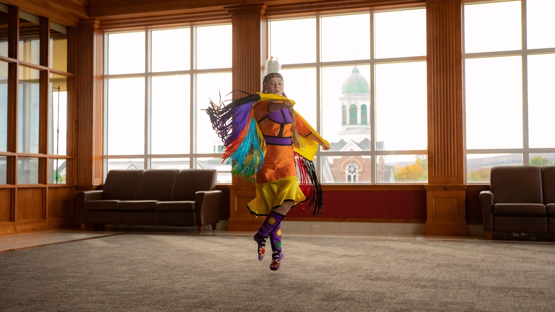 Ainslee Pictou performing in Mi'kmaq Regalia