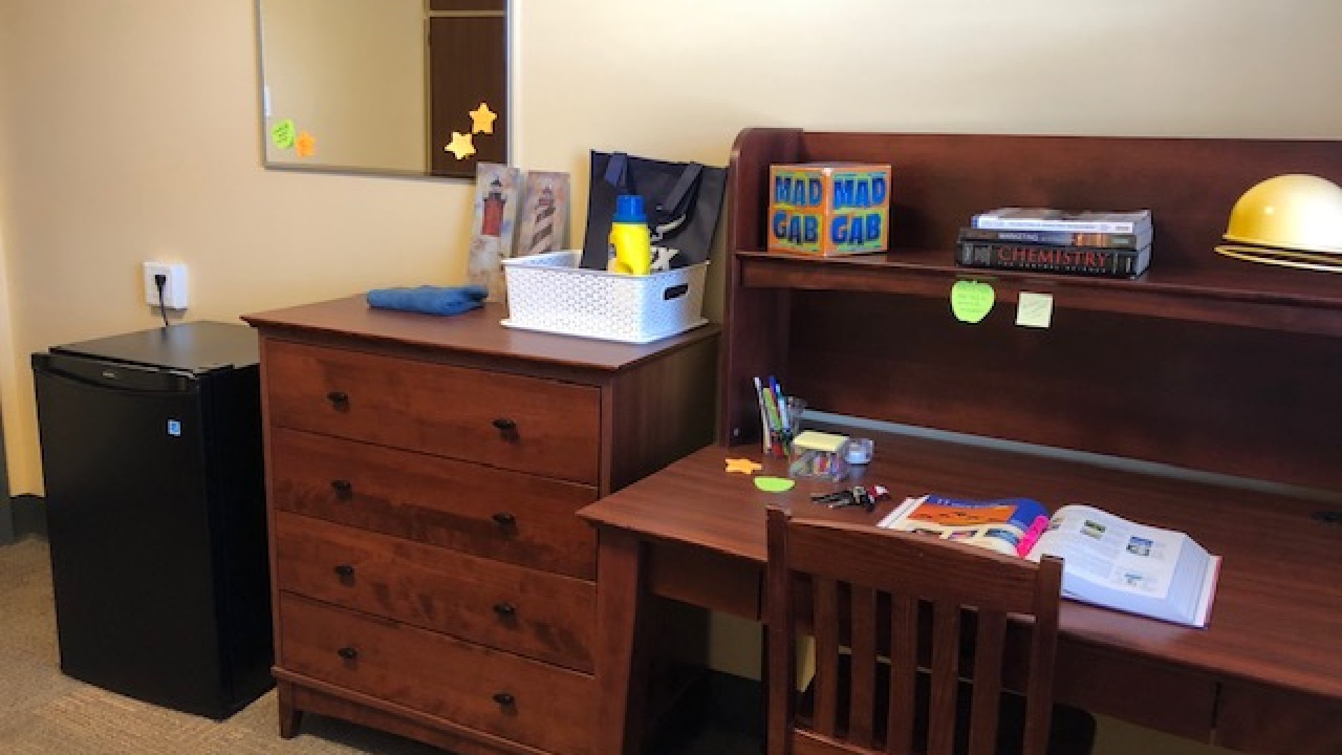 Bedroom with desk, dresser and mini fridge 