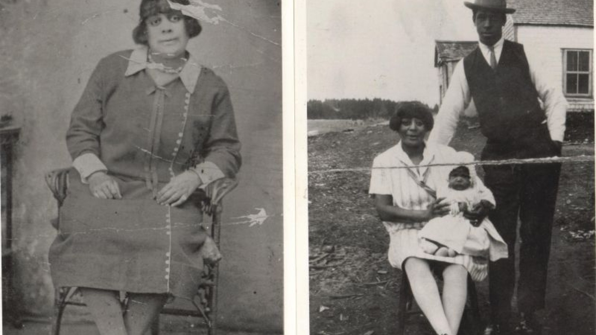 Portraits of a woman alongside a portrait of a mother, father and child from African communities in Eastern Nova Scotia. 