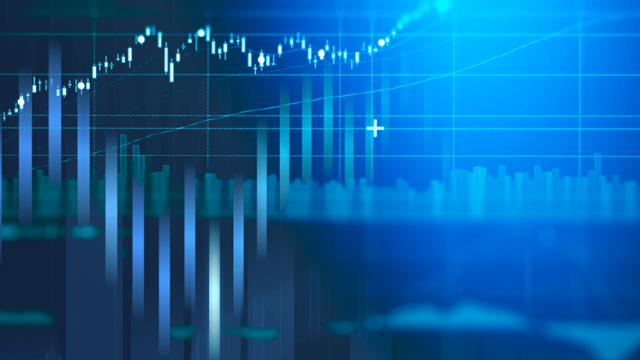 Actuarial science data visualization showing financial trends with bar graphs and a rising trend line
