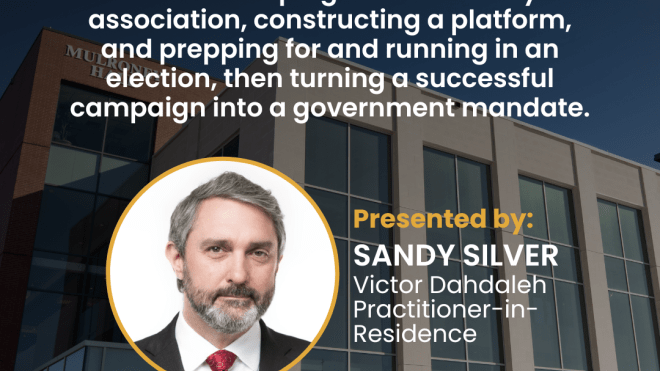 Modern building in the background with headshot of man in suit and tie with text overlaying the background.