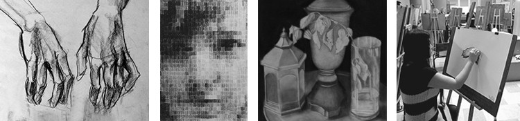 Collage of 4 black and white paintings side by side