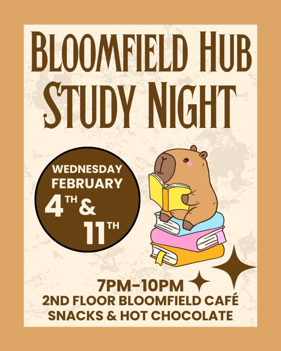 Beige background with dark brown border, cute animal reading a yellow book, sitting on a stack of books text inviting to Feb 4th Bloomfield Hub Study Night