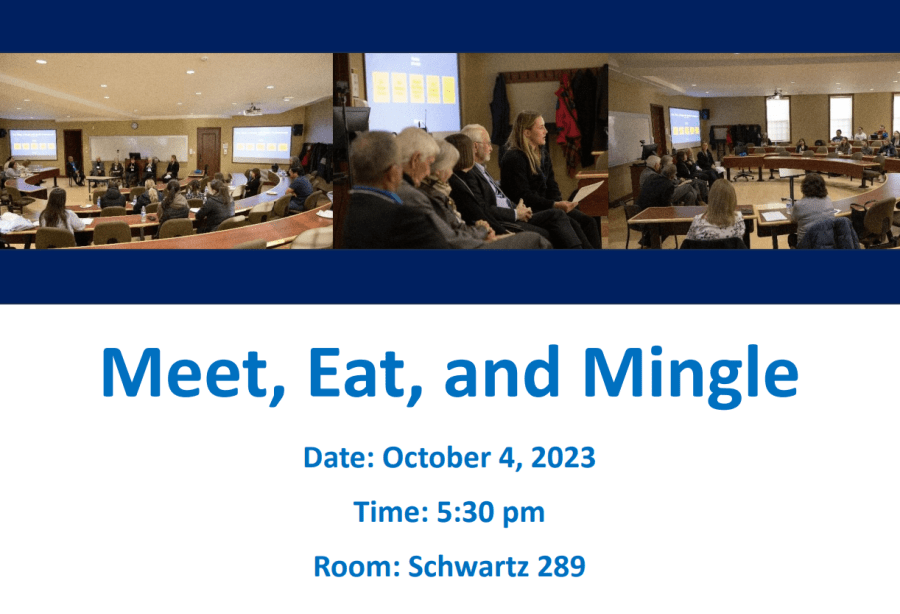 Networking event graphic with images of people in classrooms and event information