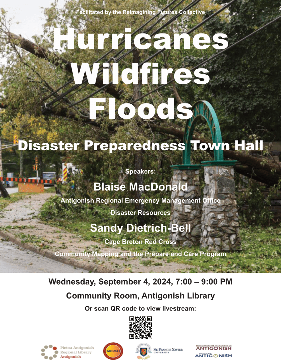 Disaster preparedness poster with image of fallen trees.