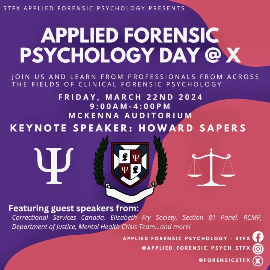 Postcard invitation to Applied Forensic Psychology @ X Day on March 22nd 2024 from 9am-4pm in the MacKenna Auditorium. Open to all. The logo for the Applied Forensic Psychology Program is in the centre of the page and is a crest with the symbols for psychology and law beside it. 