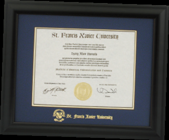 A black framed certificate with a blue border