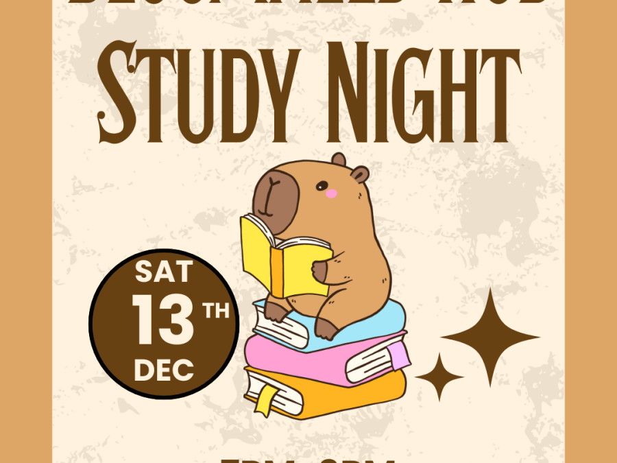 Beige background with orange border, cute animal reading a yellow book, sitting on a stack of books text inviting to December 13th Study Night at Bloomfield Hub